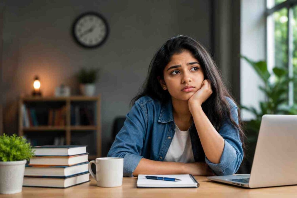 A Plus Two student looking worried while waiting for college allotment, representing career confusion and exploring professional course options in Kottayam.