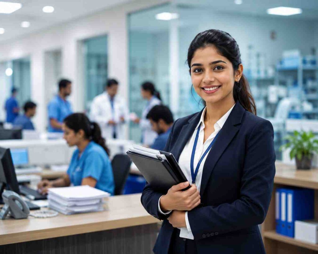 Professional Hospital Administrator working in a modern hospital with healthcare staff in the background, representing Hospital Administration and Healthcare Management careers in Kottayam.