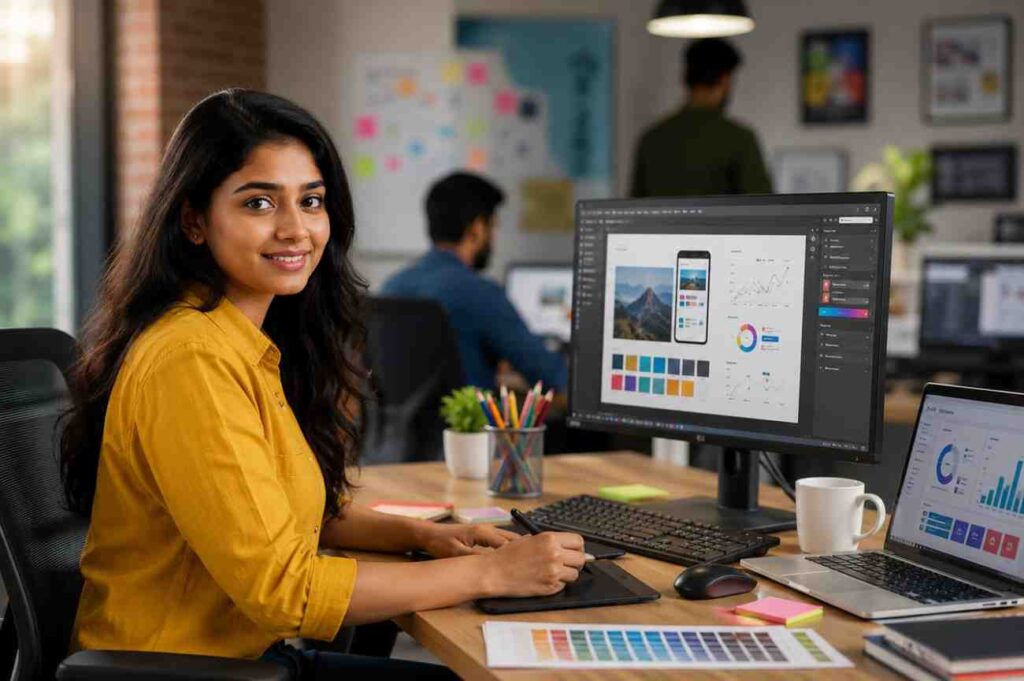 A young digital marketing and graphic design professional working on branding, social media design, analytics, and creative projects in a modern office environment at CV Tech Kottayam.