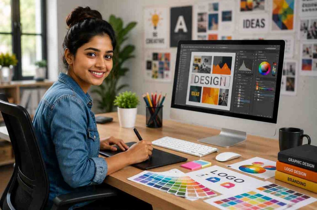 A professional graphic designer creating branding and digital designs on a computer in a modern creative studio, representing the Graphic Designing course at CV Tech Kottayam.