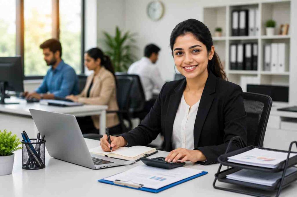 Professional office administrator working in a modern corporate office, managing documents, computer tasks, and daily administrative operations at CV Tech Kottayam.