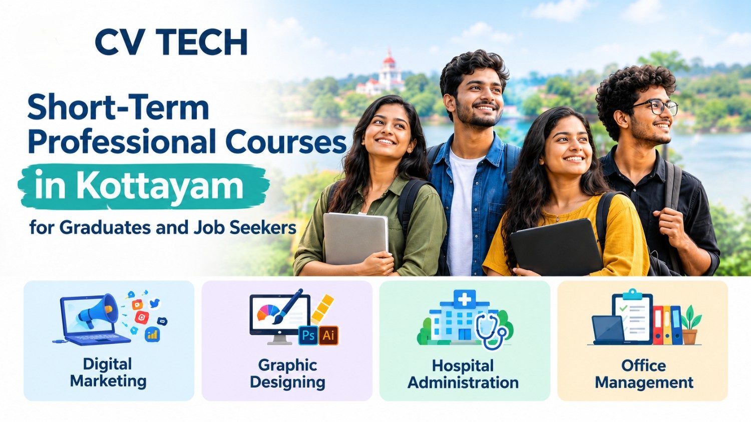 Short-term professional courses in Kottayam for graduates and job seekers, including Digital Marketing, Graphic Designing, Hospital Administration and Office Management.