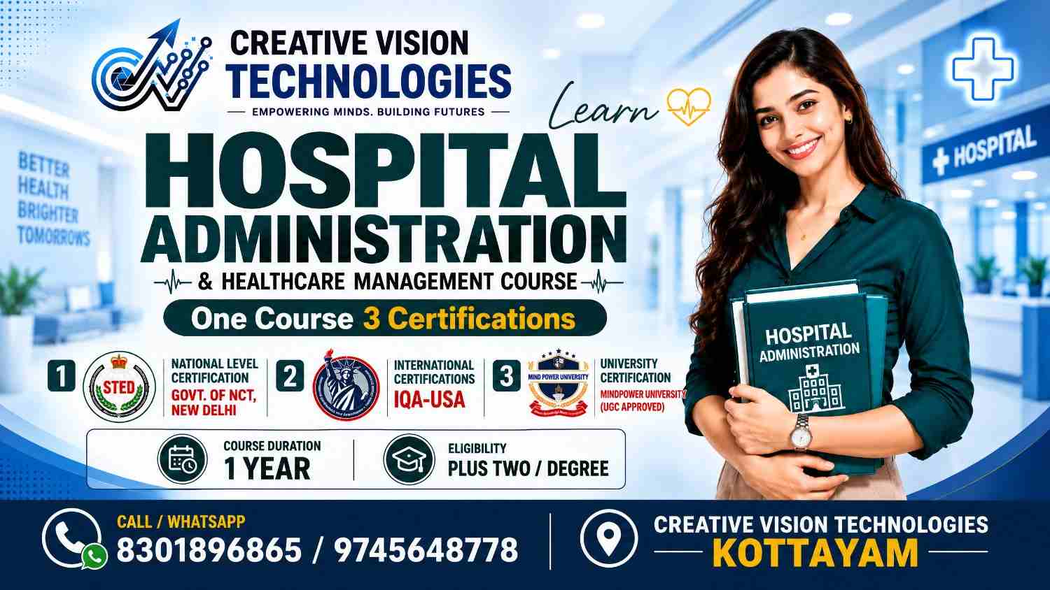 Creative Vision Technologies Hospital Administration course banner with certifications