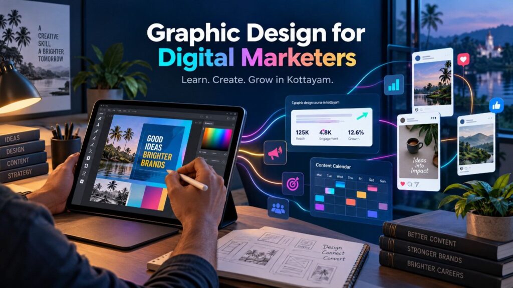 Graphic design and digital marketing workspace showing social media content and campaign analytics in Kottayam