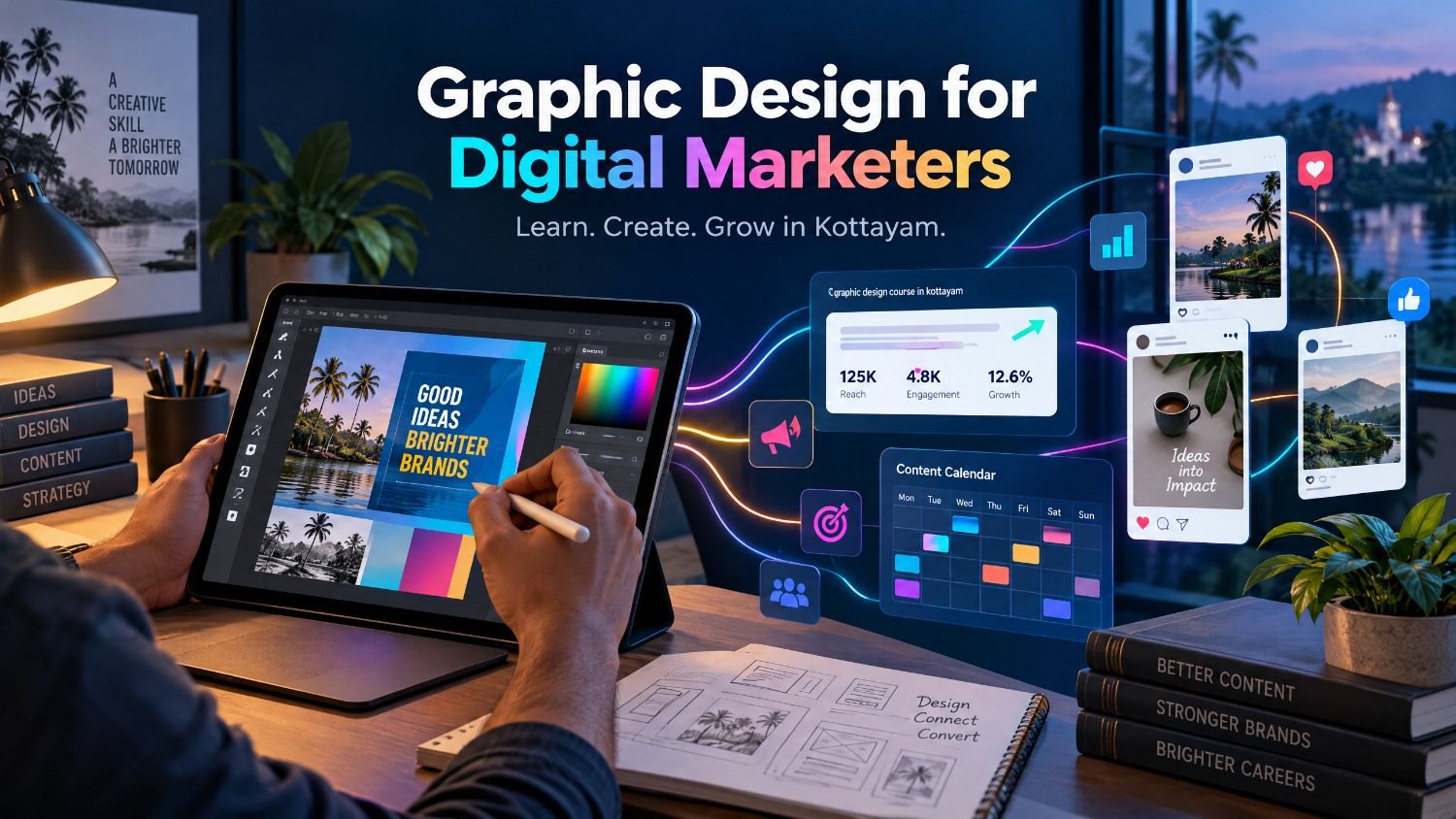 Graphic design and digital marketing workspace showing social media content and campaign analytics in Kottayam