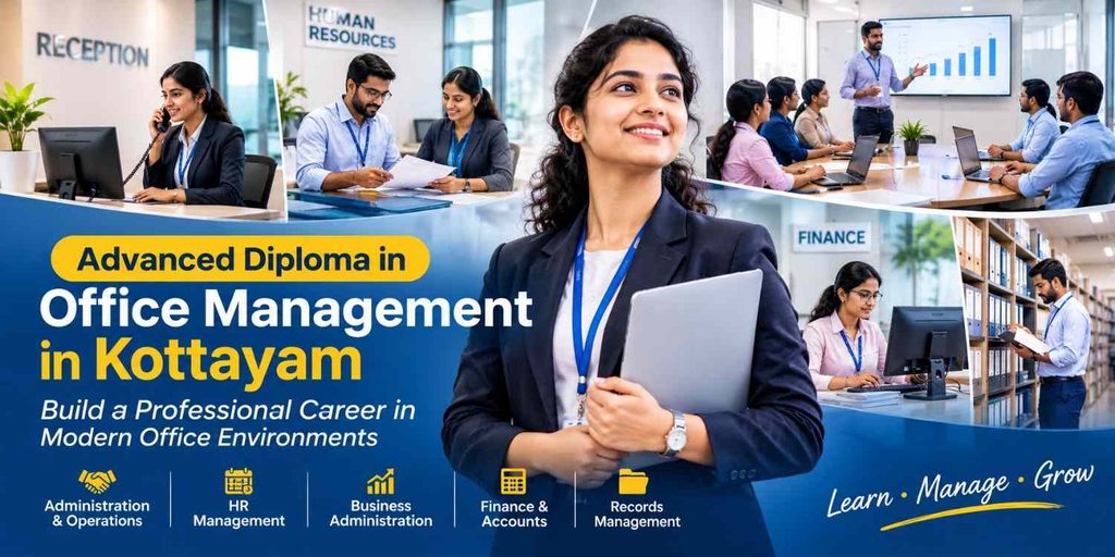 Advanced Diploma in Office Management in Kottayam featuring office administration, HR, finance, meetings and records management