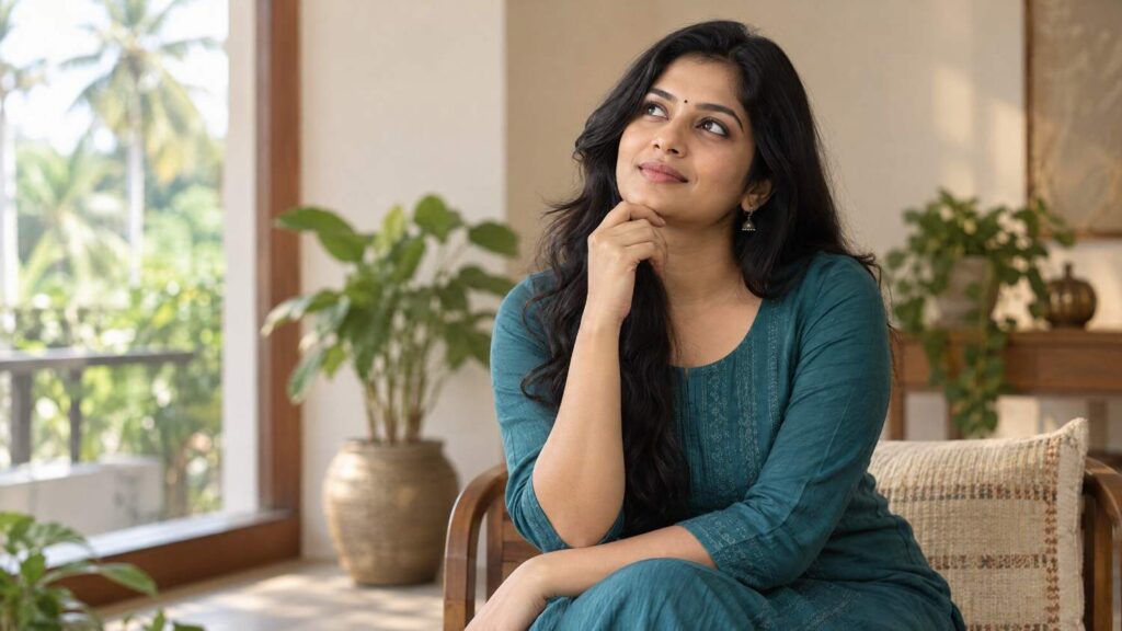 A woman in teal thoughtfully considers digital marketing course fees in Kottayam.
